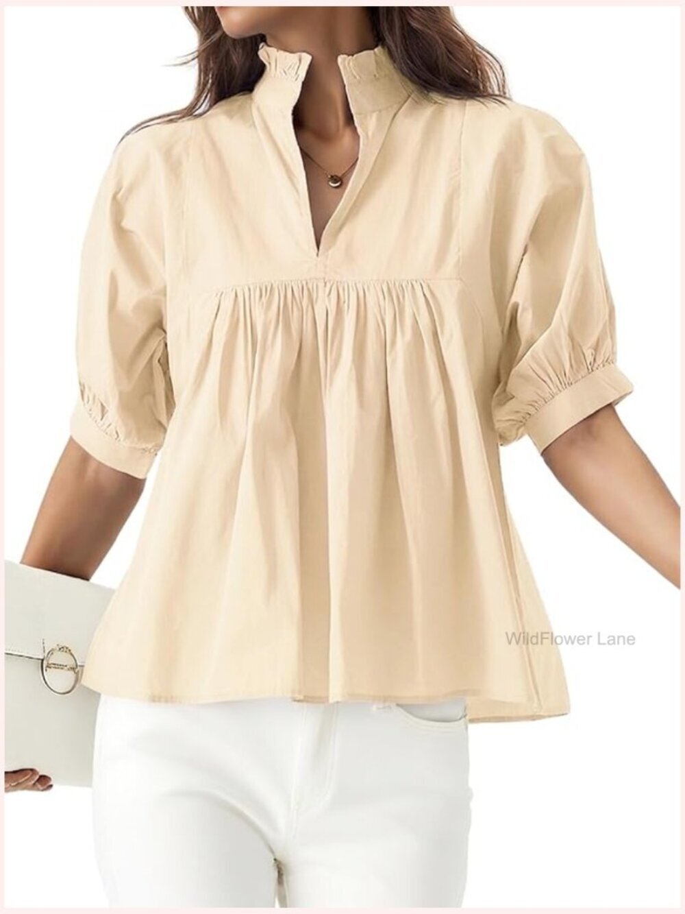 V-Neck Puff Sleeve Peplum Blouse Cotton Babydoll Dressy Casual Tops
